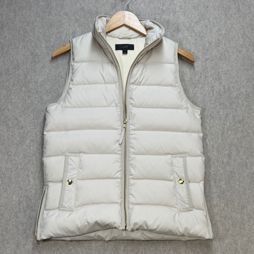 J.Crew Womens Ivory Down Puffer Vest Gold Zip Quilted XS Preppy‎ Outdoor